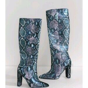 Sam Edelman Tall Riding Boot Women 6.5 Green Leather Snake Print Wintergreen